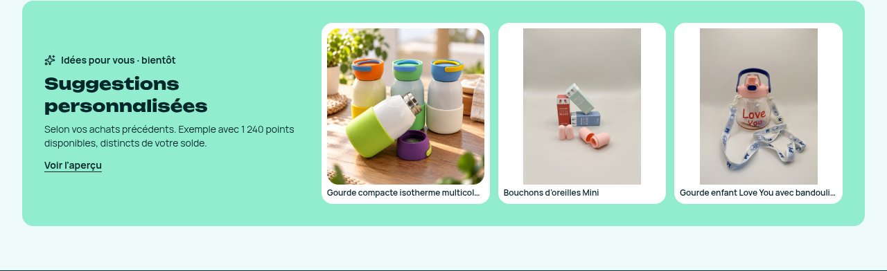 Accueil d'une autre direction : « Suggestions personnalisées » sur un fond coloré avec trois produits