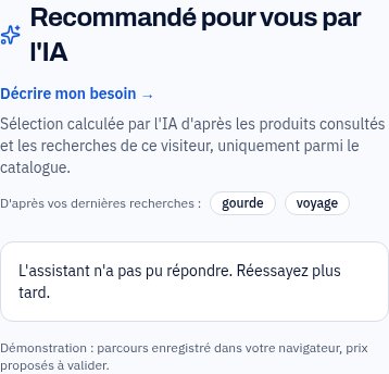 Smartphone : bloc « Produits recommandés IA » sous une fiche produit