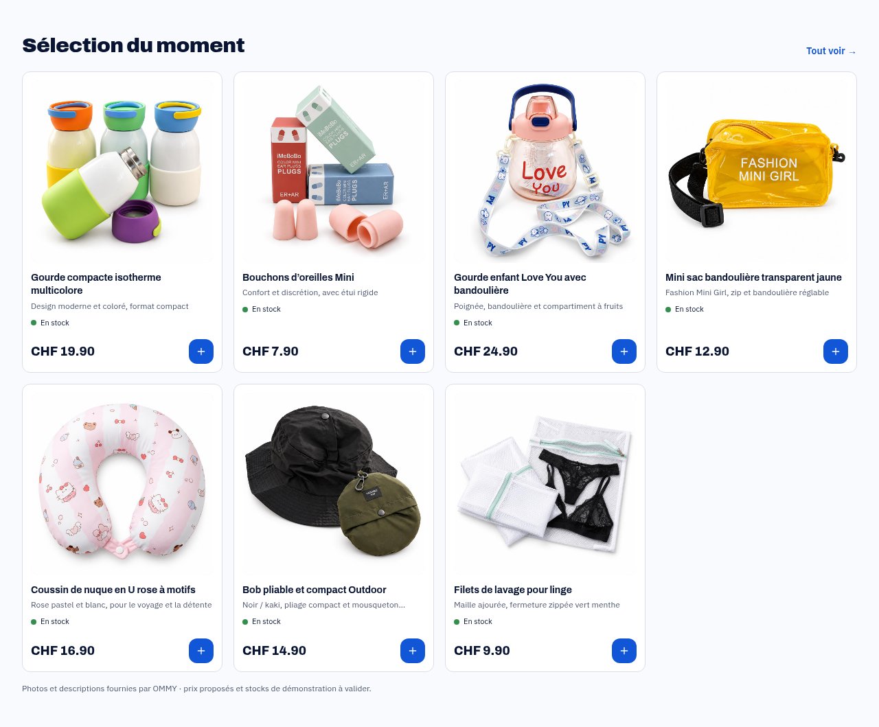 Accueil : rangée « Sélection du moment » avec quatre produits